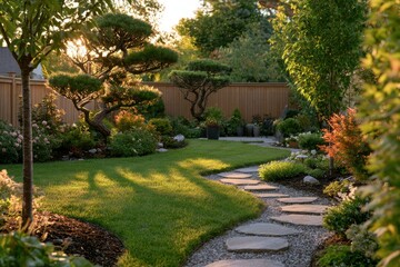 Obraz premium Serene home garden with ornamental trees and lush greenery