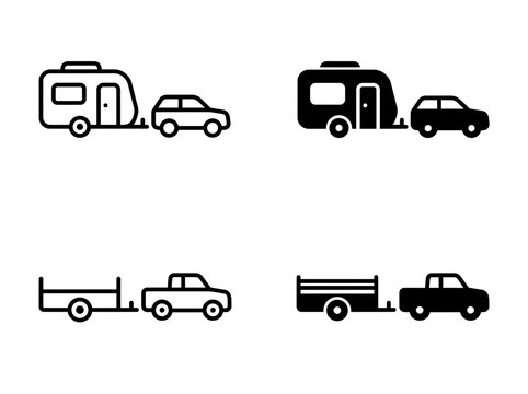 Travel trailer and utility trailer vehicle icon set with transport