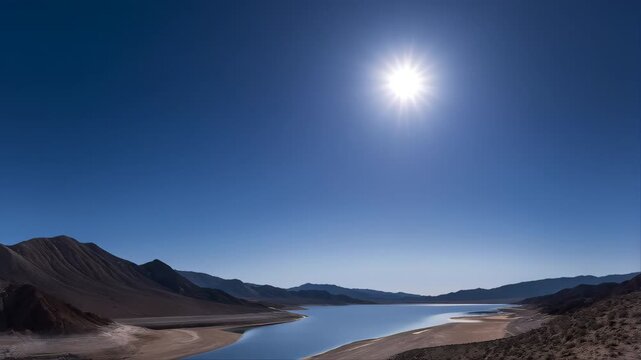 Glowing Moon Rising Above Calm Desert Lake with Mountain Silhouettes in Night Sky Featuring Celestial Body, Moonlight, Reflection with Clip Water