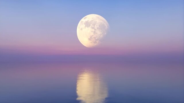 Glowing Moon Reflected in Perfectly Calm Water with Soft Purple and Blue Sky Gradient Featuring Reflection, Serene, Tranquil with Peaceful