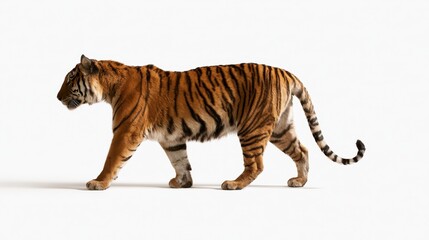 Fototapeta premium Side view of tiger walking away on a clean white background