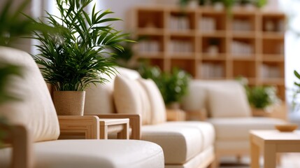 Fototapeta premium Cozy room with soft sofas, wooden shelves, and lush potted plants, creating a serene atmosphere