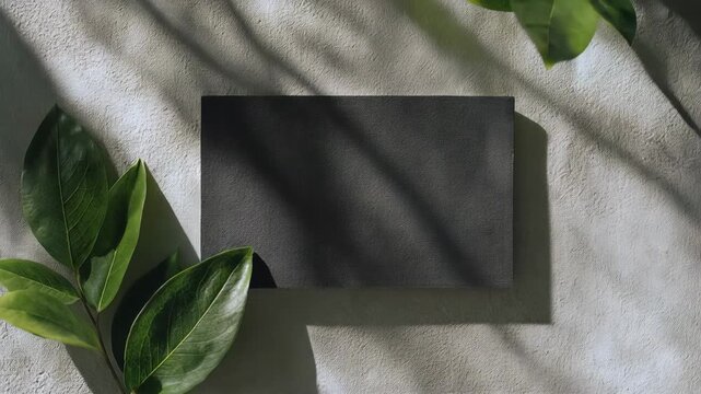 Blank card on textured wall with leaves