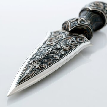 Silver-blade ceremonial dagger with ornate hilt displayed on white surface