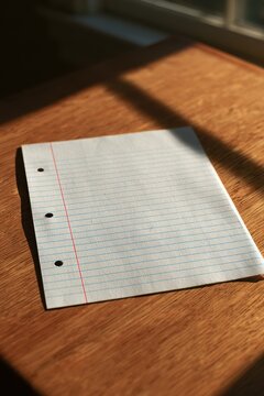 Single sheet of loose-leaf paper on a wooden desk with blue ruling and punched holes
