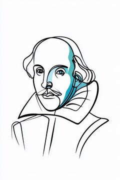 Single-line portrait sketch of a historic writer with a ruffled collar and subtle color highlights