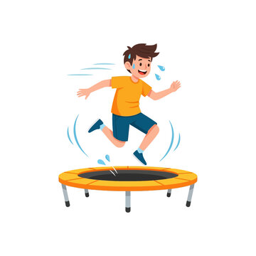 Rebounding acrobat leaping energetically into the air above a safety padded trampoline with dynamic motion lines and joyful expressions.