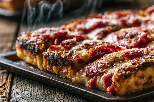 Sliced Detroit-style pizza on a cast-iron tray in warm natural light
