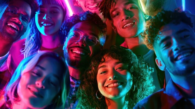 Smiling faces collage of young people from varied backgrounds against colorful neon light
