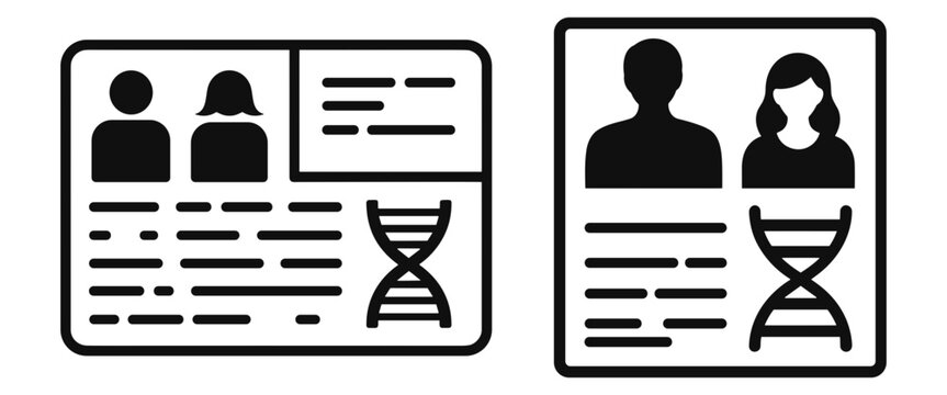 Genetic passport and DNA profile icons. Medical ID card with male and female avatars, text lines, and double helix symbol for biotechnology, healthcare data, and genealogy