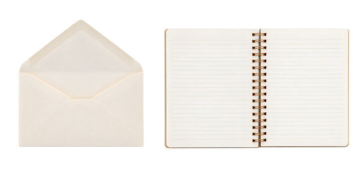 Open beige envelope and open spiral bound notebook with lined pages perfect for correspondence and note taking isolated on transparent background for design needs.