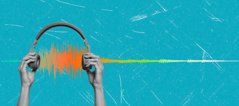 Art collage focused on podcast theme with hands holding headphones and sound waves on blue background
