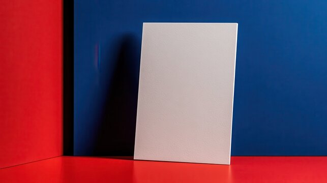 Blank white frame leaning against a vibrant red and blue studio wall. Use this mock-up for artistic display or.