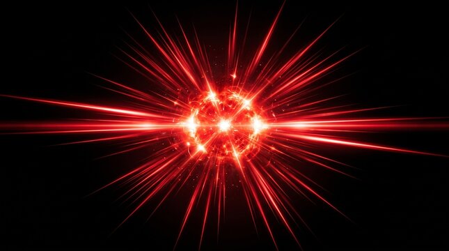 A realistic intense crimson red light flare effect on a pure black background, featuring a glowing fiery point of light at the center with dramatic horizontal rays and sharp radial energy beams extend