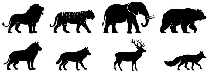 Fototapeta premium Black silhouettes of various wild animals in different poses on white background vector illustration