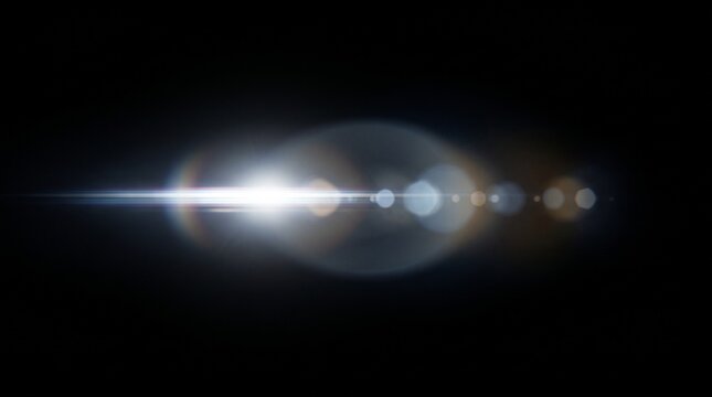 Cinematic lens flare light effect, bright horizontal anamorphic light streak, glowing optical flare, realistic camera light reflection, pure black background, movie style visual effect, isolated light