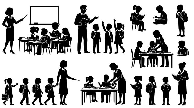 Black silhouette illustrations of students and teachers in various classroom settings and activities daily