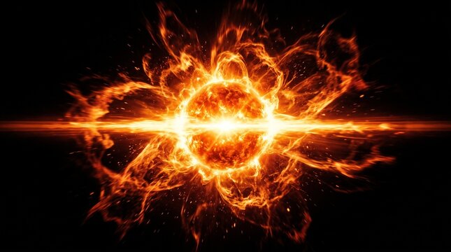 A realistic fiery orange and red light flare effect on a pure black background, featuring a blazing sun-like glowing core at the center with intense horizontal heat rays and sweeping radial solar flar