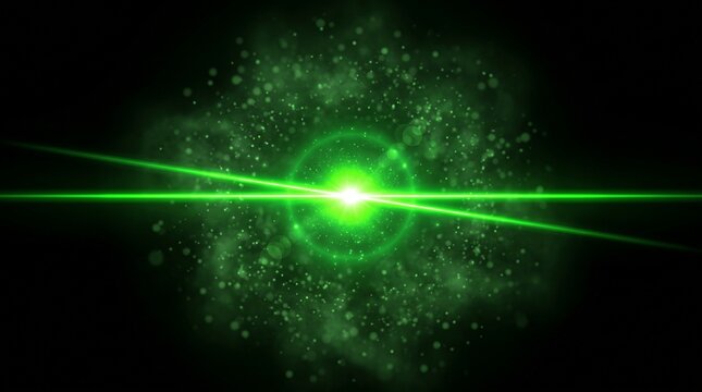 A realistic vibrant emerald green light flare effect on a pure black background, featuring a bright glowing point at the center with long horizontal laser-like rays and subtle radial beams extending o