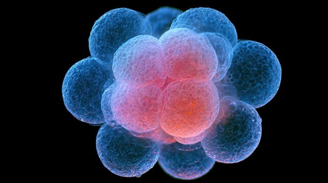 Microscopic view of a dividing human embryo cell cluster. Medical science concept for genetic research and development.