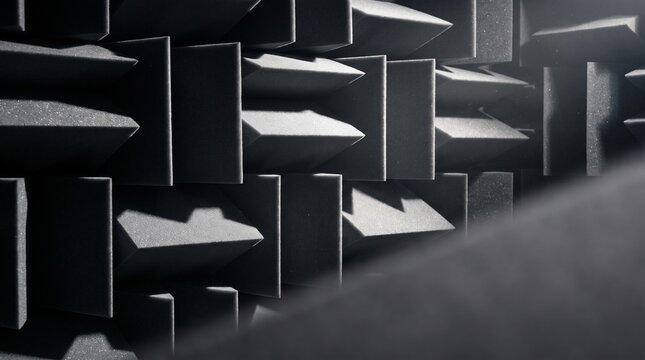 Close up of geometric soundproof polyurethane acoustic foam panels in an anechoic chamber