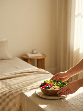 Hands adding leafy greens to a wooden bowl of berries and granola near a bed