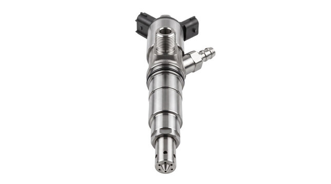Brand new shiny metallic high-pressure diesel fuel injector for heavy duty engine, isolated on transparent background.