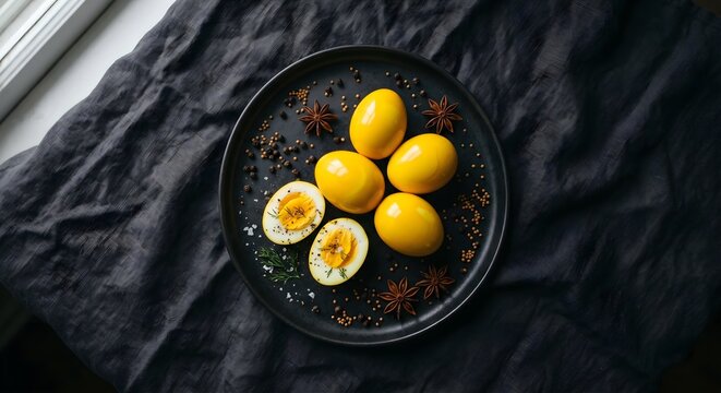 Vibrant Yellow Spiced Boiled Eggs on Dark Plate and Black Cloth