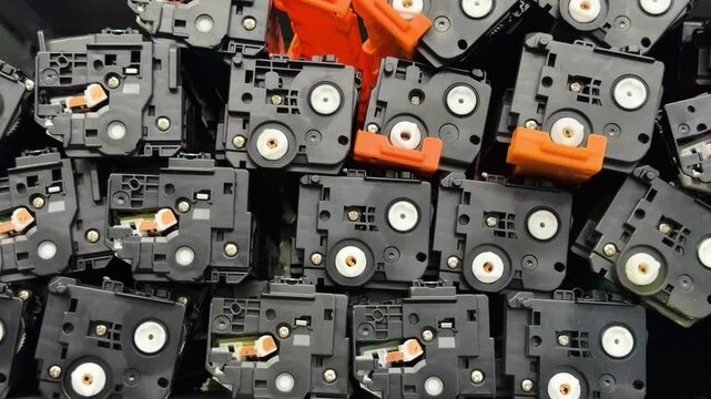 A pile of black printer cartridges with white rollers and orange clips in a warehouse. Office supplies, printing equipment, warehouse storage