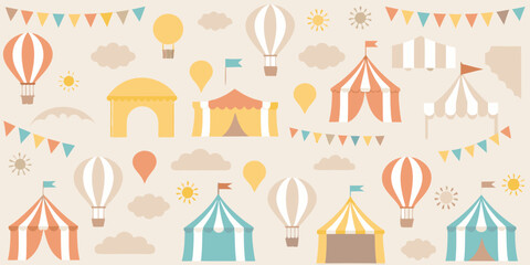 Circus tents hot air balloons and bunting create a playful vector pattern © prince