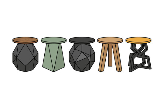 Modern geometric side tables set, contemporary wooden stools with faceted bases, 5 furniture vector icons for interior design