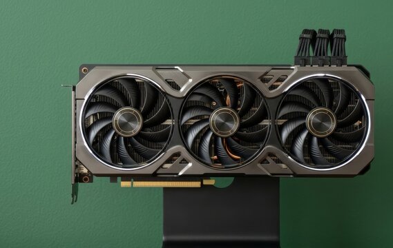 GPU graphics card isolated on white in a clean front view, showing cooling fans, heat pipes and PCIe connector for desktop gaming performance, workstation rendering and hardware upgrade