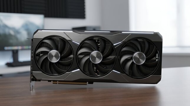 GPU futuristic triple fan graphics card with neon liquid cooling glowing in a cyberpunk city at night, visualizing gaming performance, AI acceleration, digital power and next generation computing