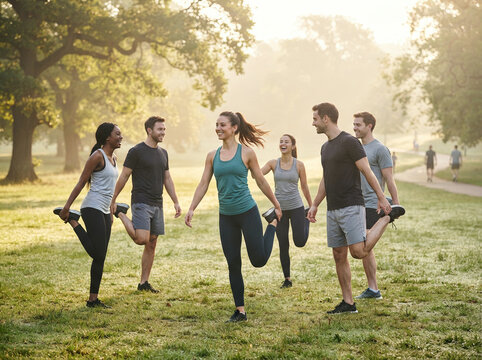 Six people stretching together in a grassy park while holding hands to stretch hamstrings