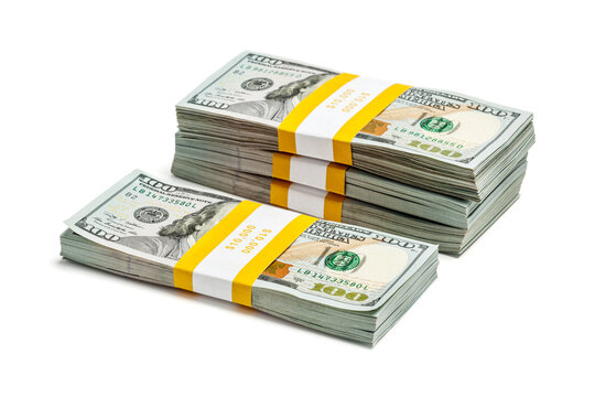 Scene featuring creative business finance making money concept - stack of bundles of 100 US dollars 2013 edition banknotes bills isolated on white
