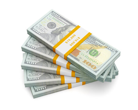 Creative business finance making money concept - stack of new new 100 US dollars 2013 edition banknotes (bills) bundles isolated on white backdrop money stack on white