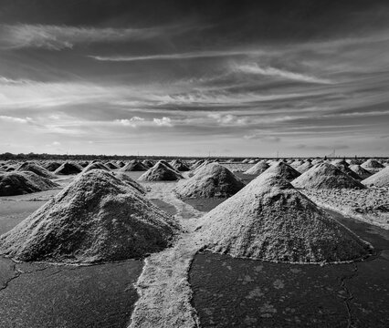 Salt mine at Sambhar Lake, Sambhar, Rajasthan, India. Black alongside white version