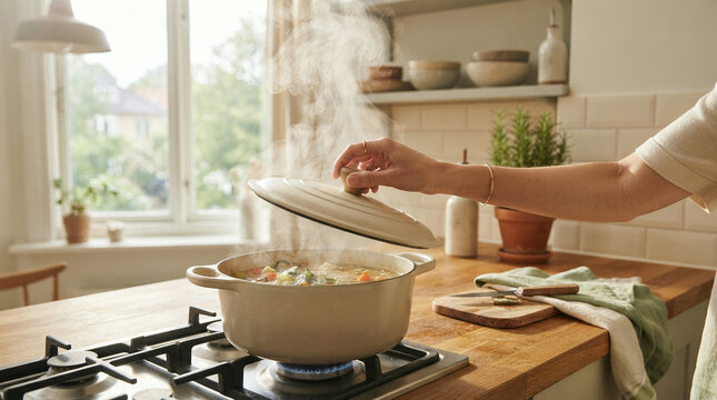 Hand lifting a ceramic pot lid above steaming vegetable soup on a gas stovetop
