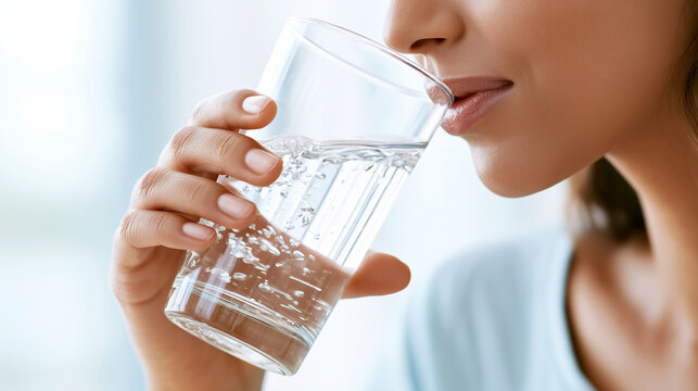 Close up of a woman drinking pure water from a clear glass to stay hydrated.