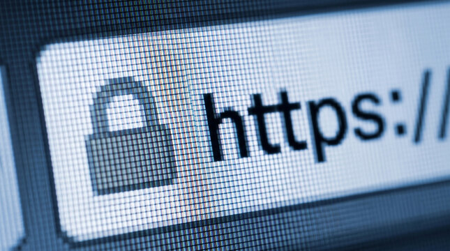 Close up view of a computer screen displaying an HTTPS secure web address with a padlock icon.