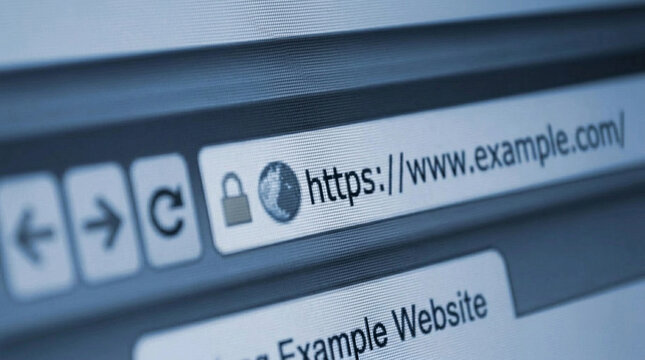 Close up of a web browser address bar showing a secure https website domain on a computer screen.