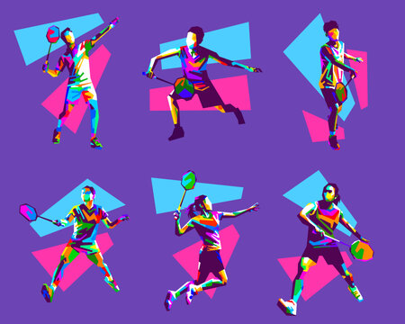 Collection of vibrant vector illustrations of badminton players in various action poses in WPAP pop art style featuring colorful geometric designs.