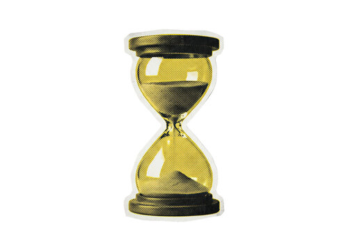 Hourglass with yellow sand and black halftone texture, in a paper cutout style
