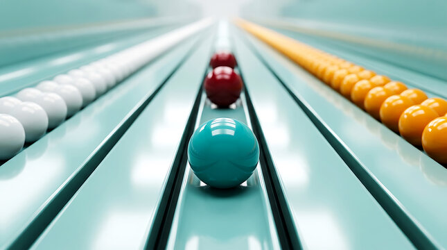 Blue and red spheres on parallel tracks, motion blur effect