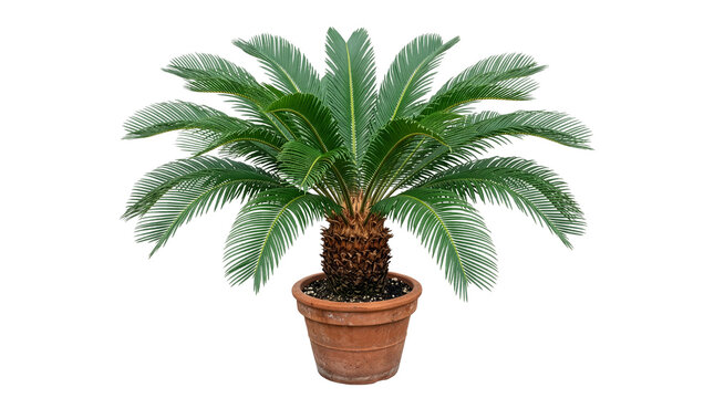Realistic Cycas Palm Plant PNG, Lush Green Sago Palm with Long Glossy Feathered Leaves and Natural Symmetrical Crown, Isolated on Transparent Background