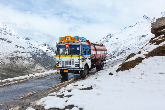 Manali-Leh road in Indian Himalayas featuring lorry. Himachal Pradesh, India, with landscape