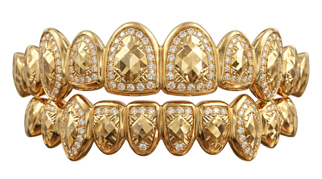 Premium Gold Teeth Grillz PNG, Polished Golden Dental Cover with Detailed Diamond-Cut Pattern and Realistic Metallic Shine, Isolated on Transparent Background