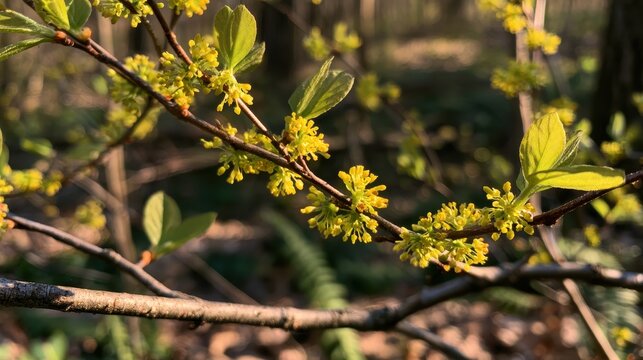 Soft woodland scene with spicebush blossoms and fresh foliage in springtime