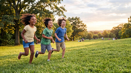 Fototapeta premium Children Running in a Sunny Park