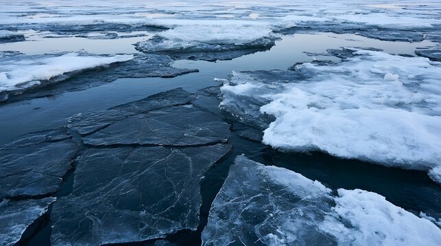 Cracked ice floes drift across dark water under cool blue light  revealing natural textures and fragmented patterns